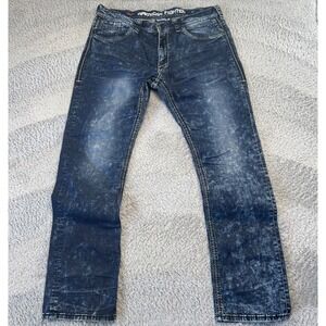 American Fighter Legend Slim Straight Jeans Mens 38L Dark Wash Buckle Distressed